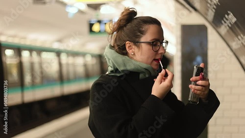 Young beautiful girl in coat and with scarf on her neck paints her lips on blurred background of train at subway station. Concept of beauty and harmonious personality
