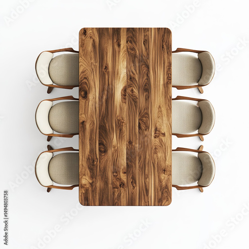 Modern wooden dining table set with six chairs top view