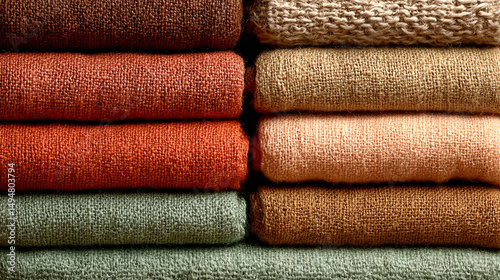 Stacked Colorful Textured Towel Rolls in Earthy Tones and Knitted Patterns