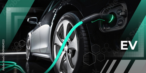 Industrial background. Electric cars and EV charging concept of energy sustainability with a reduction in fuel use in the future