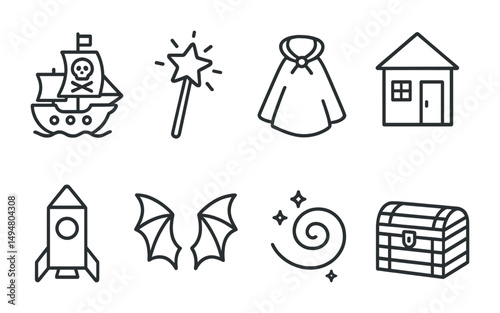 Fantasy and magic line icons set – outline, mythical, enchanted symbols