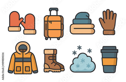Winter clothing filled icons set – cozy, warm, apparel symbols