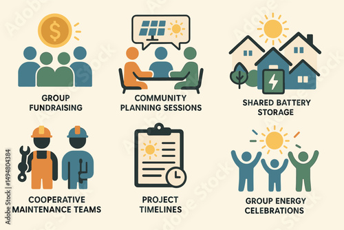 Community and energy flat icons set – filled, solid, sustainability and teamwork graphics