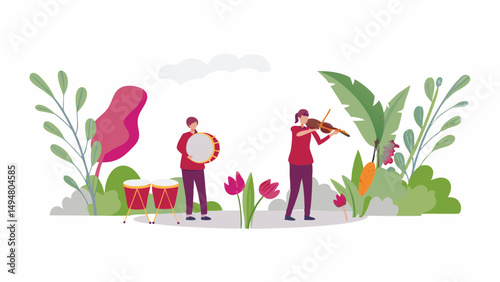 Two musicians performing in a garden setting with various plants and flowers in a vibrant and colorful style