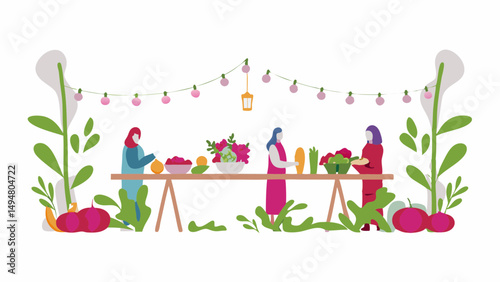 Illustration of a farmers market with three women selling produce under string lights and foliage