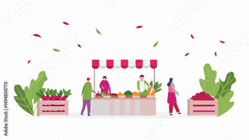 Illustration of a vibrant farmers market with people buying fresh produce under a striped awning stall