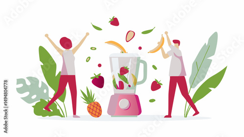 People preparing healthy smoothie with blender and fresh fruits like strawberry and banana in a kitchen setting