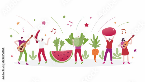 People playing music and dancing with fruits and vegetables in a celebratory and joyful atmosphere