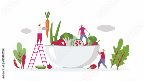 Illustration of people preparing a large salad with carrot broccoli and other fresh vegetables