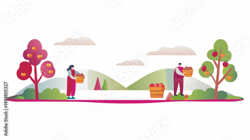 People harvesting apples in an orchard with trees, baskets, hills and clouds on a white background