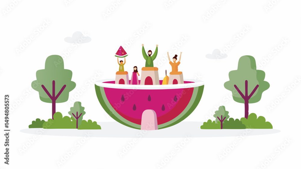 Fototapeta premium People celebrating on watermelon structure with trees and clouds in the background illustration art