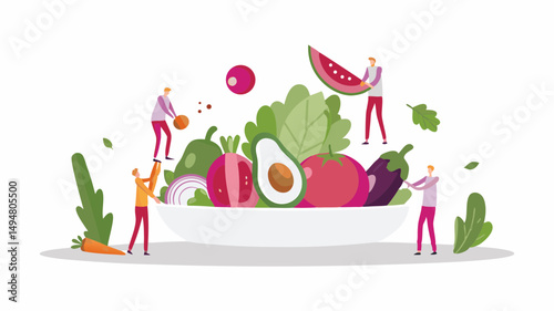 People arranging fresh vegetables and fruits into a large bowl for healthy eating concept art work