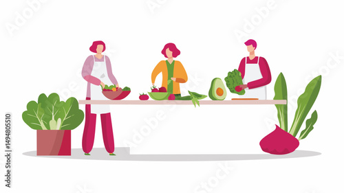 People preparing fresh vegetables at a table with lettuce avocado tomato and other greens for a healthy meal