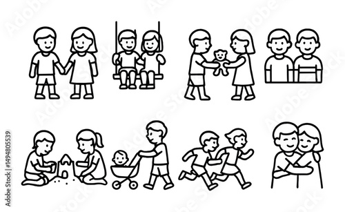 Children activities outline icons set – play, family, and kindergarten symbols