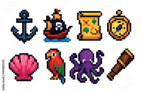 Pirate adventure icons set: pixel art, treasure map, nautical exploration symbols