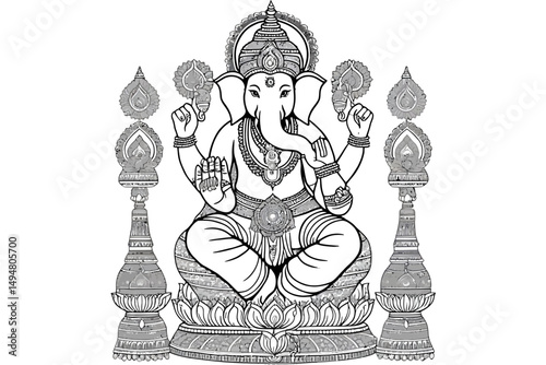 Intricate Black and White Vector Line Art of Lord Ganesha on Lotus Throne with Mandala and Sacred Symbols
