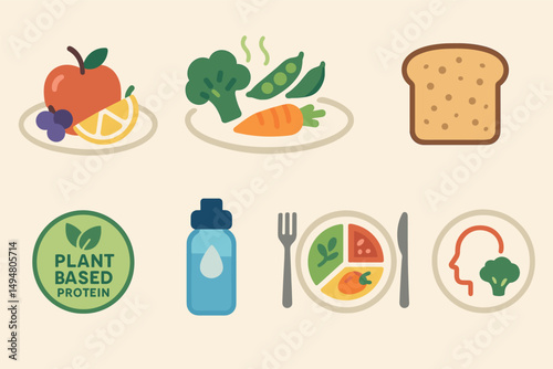 Healthy diet flat icons set – nutrition, wellness, food symbols for menus