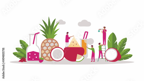 Illustration of tiny people interacting with large fruits and laboratory equipment in a vibrant scene