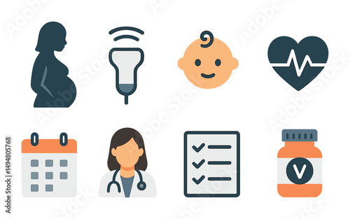 Pregnancy and healthcare icons set – flat, maternal and prenatal medical symbols