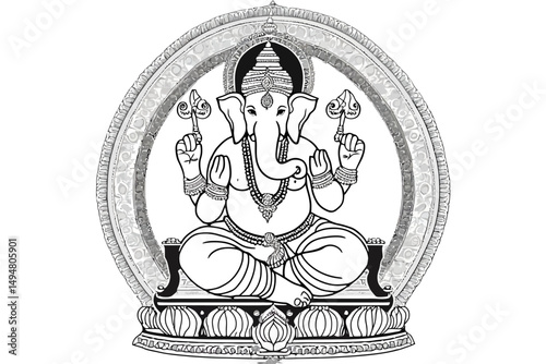 Intricate Black and White Vector Line Art of Lord Ganesha on Lotus Throne with Mandala and Sacred Symbols