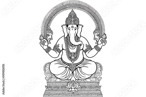 Intricate Black and White Vector Line Art of Lord Ganesha on Lotus Throne with Mandala and Sacred Symbols