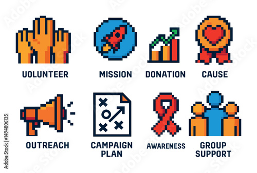 Nonprofit and charity pixel art icons set – volunteer, donation, outreach symbols
