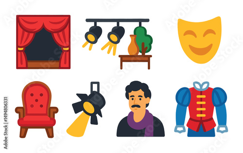 Theater and performance icons set – flat, filled, drama and stage design elements