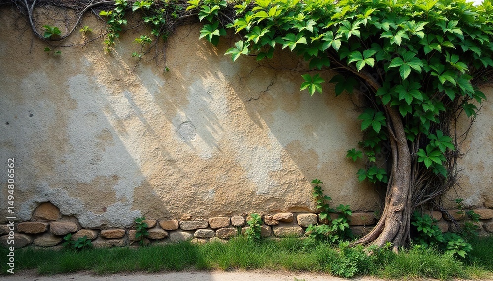Naklejka premium Ancient gnarled vine clinging to weathered stone wall, leaf, ancient