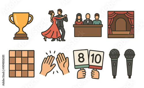 Dance competition flat icons set – outline, silhouette, performance and scoring symbols