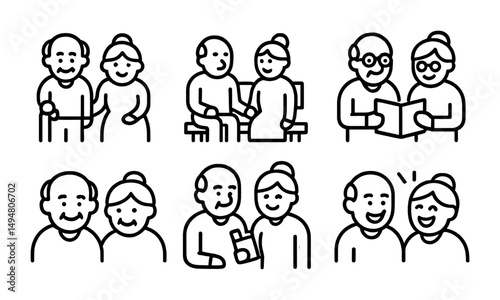 Elderly care line icons set – outline, healthcare, senior support symbols