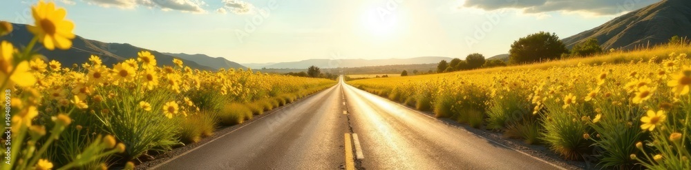 Naklejka premium Sun-drenched road flanked by vibrant yellow wildflowers , bright, yellow flowers