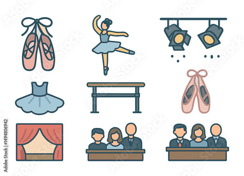 Ballet and theater icons set in outline style – dance, performance, stage symbols