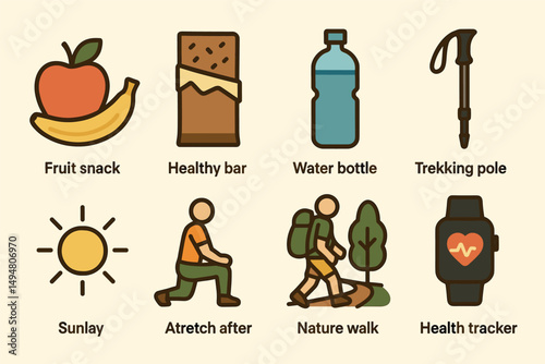 Hiking and outdoor line icons set – flat, silhouette, adventure and camping symbols