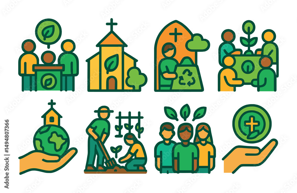 Eco and community outline icons set – sustainable, environmental, green symbols Eco and community outline icons set – sustainable, environmental, green symbols