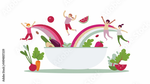 Illustration of a large bowl filled with fruits, vegetables and people jumping over colorful rainbows