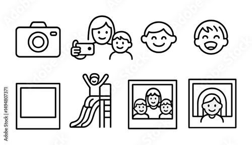 Family and photography line icons set – outline, selfie, portrait symbols
