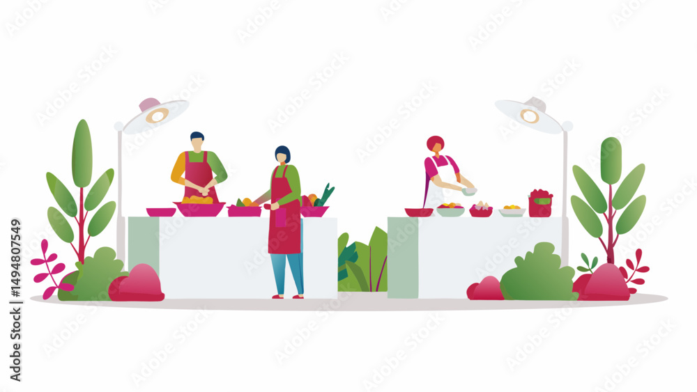 Naklejka premium People preparing food at outdoor cooking stations with plants and lights in a bright setting scene