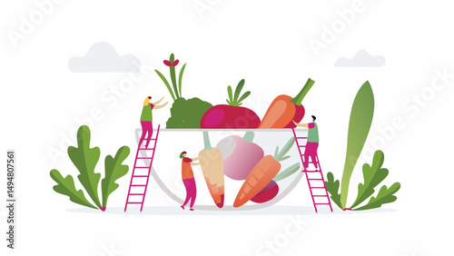 Illustration of people using ladders to put vegetables into a large bowl with plants around it