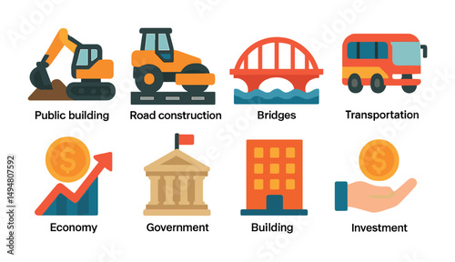 Construction and infrastructure icons set – flat, solid, urban development symbols