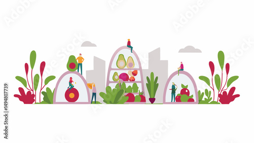 Illustration of people interacting with fruits and vegetables in a stylized market setting design