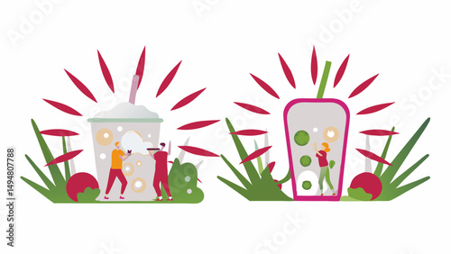 People interacting with oversized bubble tea cups amidst vibrant foliage and radiant light bursts design