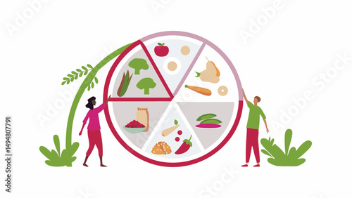 Illustration of a divided plate showing portion sizes of different food groups with two people standing near