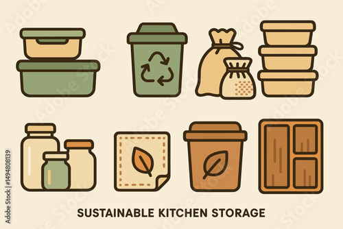 Sustainable kitchen storage icons set – flat, eco-friendly, reusable organization symbols