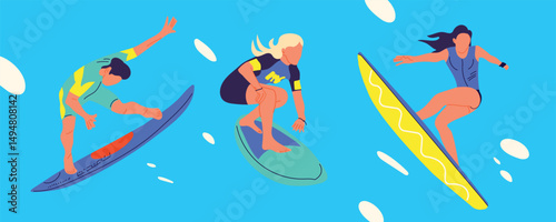 Surfer standing on surfboard. Set of happy surfers in beachwear with surfboards in sea or ocean on blue background. Tropical hawaiian lifestyle. Colorful flat vector illustration.