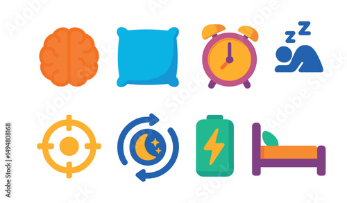 Sleep and relaxation flat icons set - filled, restful, bedtime symbols