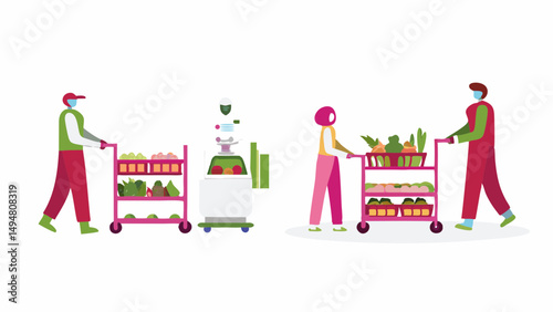People wearing masks pushing grocery carts filled with food next to a grocery store robot assistant