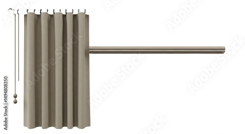 Isolated Beige Fabric Shower Curtain on Rod