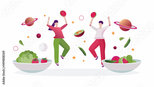 Illustration of two people jumping with fruits and vegetables around them and planets in the background