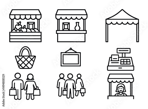 Market and shopping line icons set – linear, outline, retail and commerce symbols