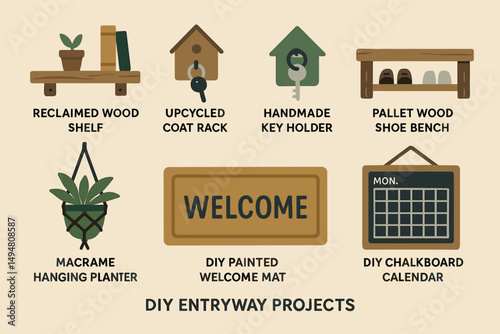 Diy entryway projects icons set – flat, home decor, crafting symbols